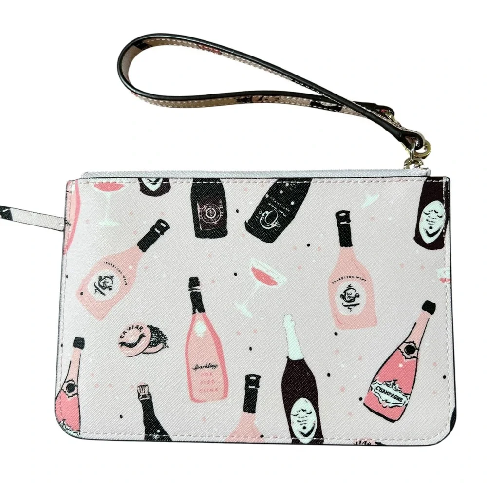 Kate‎ Spade Champagne Print Wristlet Wallet Pink Party Clutch Zip Pouch